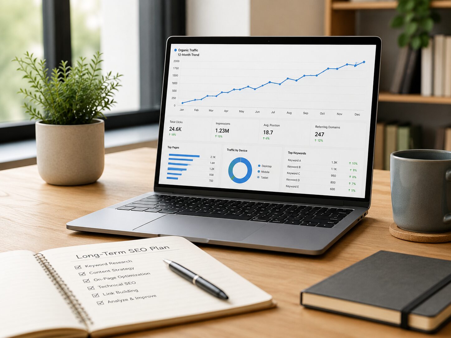 SEO Optimierung mit langfristig steigender Entwicklung auf einem Analyse-Dashboard