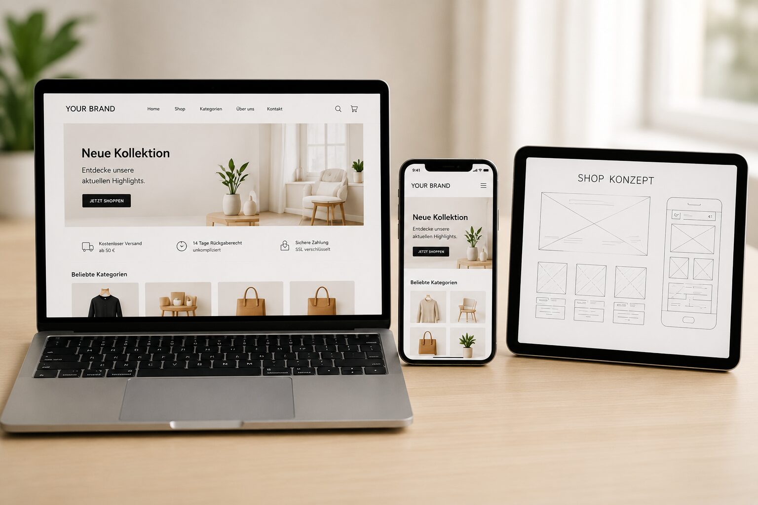 Beispiel Shop Design auf dem Handy, Tablet und Desktop