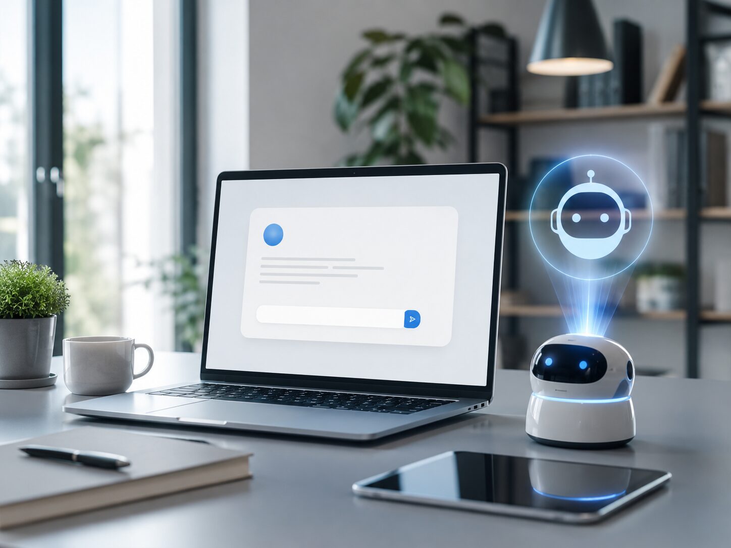 GEO Optimierung mit KI-Antwortsystem auf Laptop und digitalem Assistenten