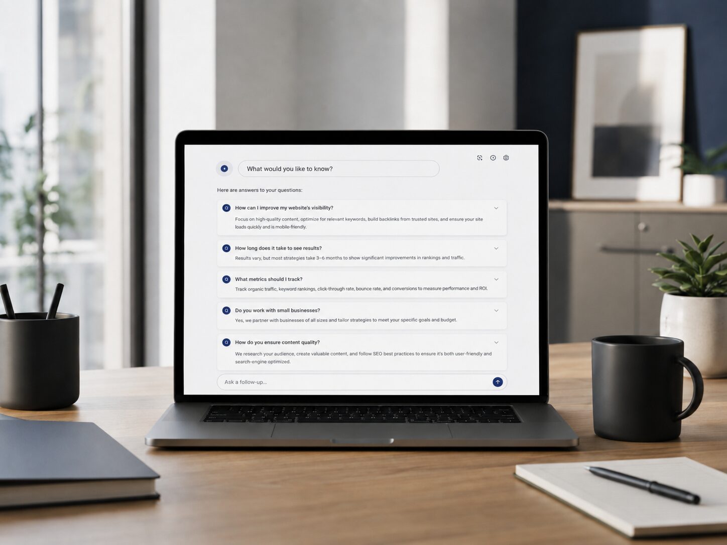 Laptop mit strukturierter Frage Antwort Oberfläche für klare Website Inhalte und GEO Optimierung.