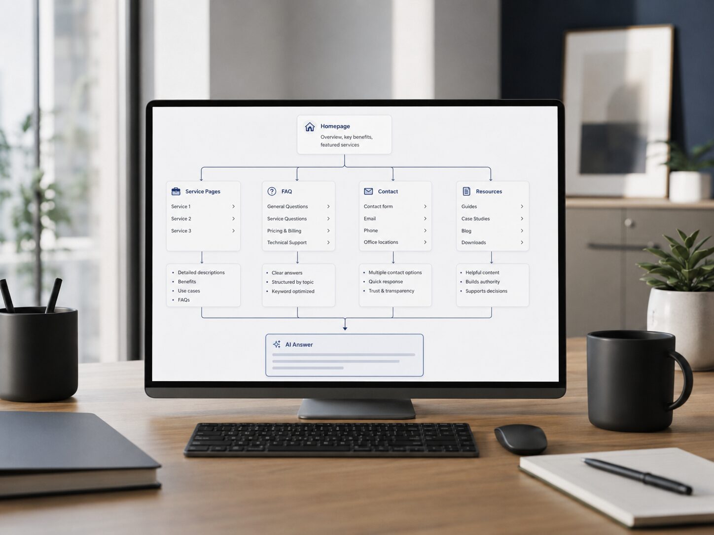 Monitor mit strukturierter Website Architektur und Verbindung zu einer KI Antwortbox.