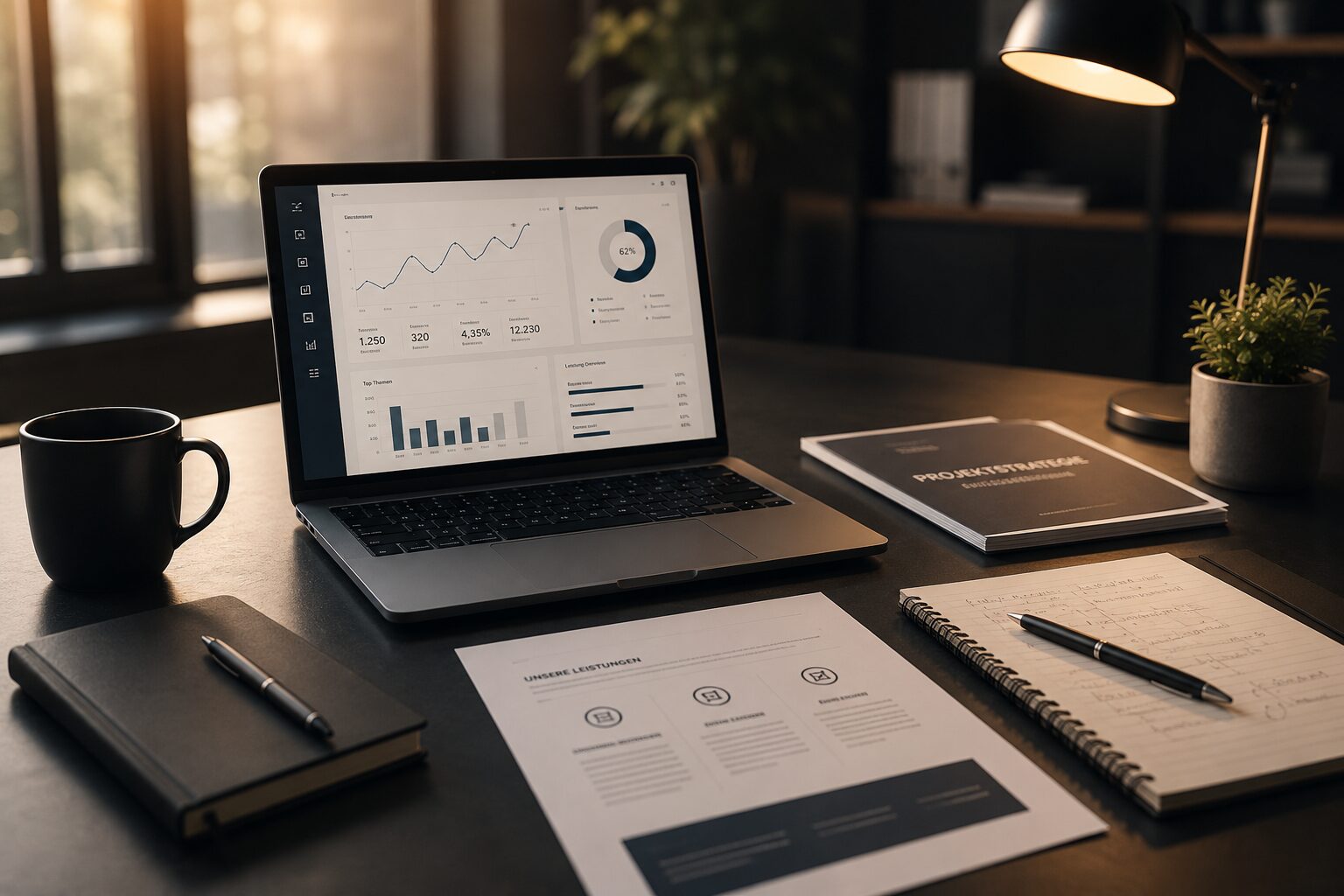 Professioneller Arbeitsplatz mit Dashboard zur Analyse von Sichtbarkeit, Vertrauen und digitaler Unternehmenspräsenz