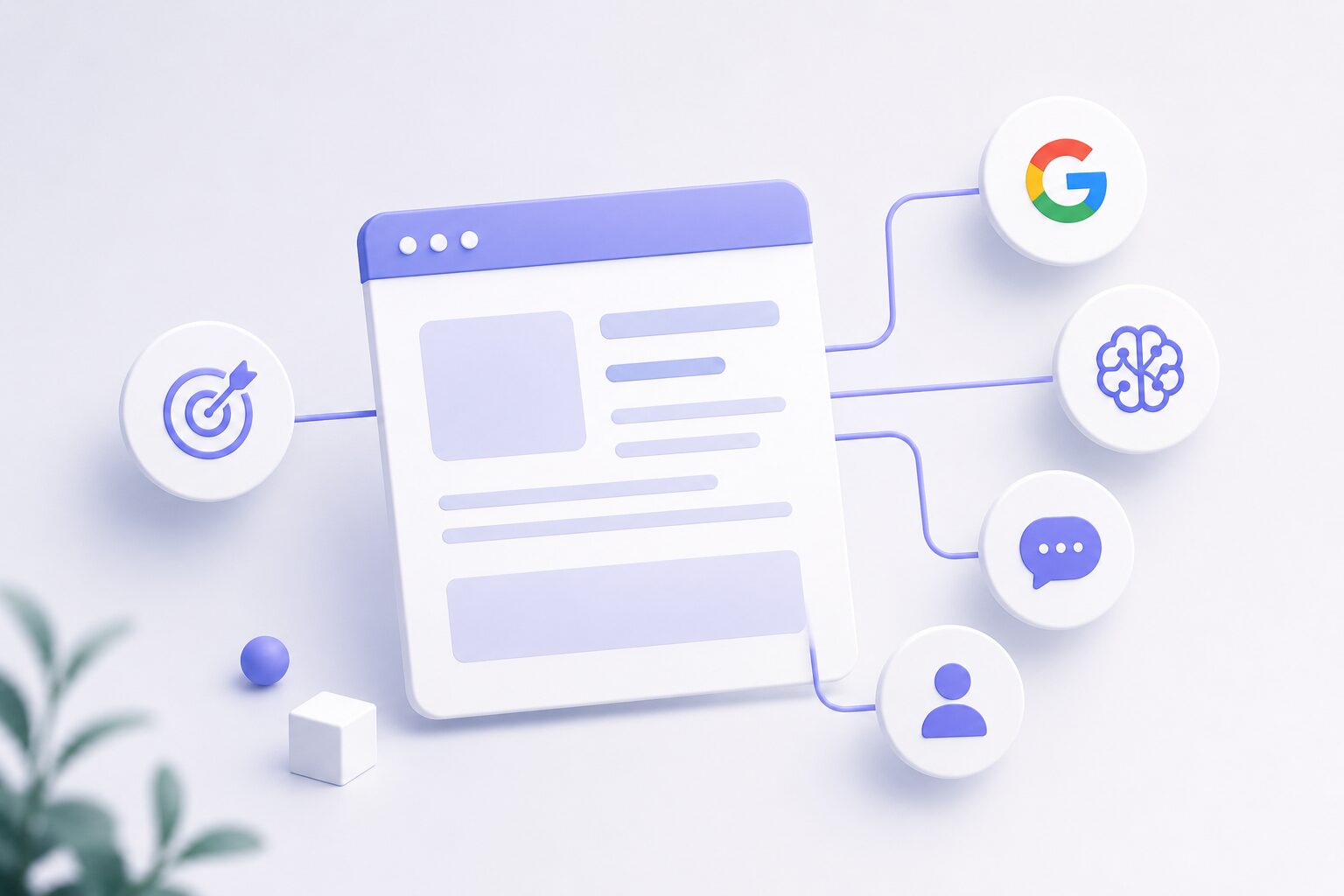 Website Grafik mit Symbolen für Google, KI und Nutzerfragen zur besseren Verständlichkeit durch GEO Optimierung.