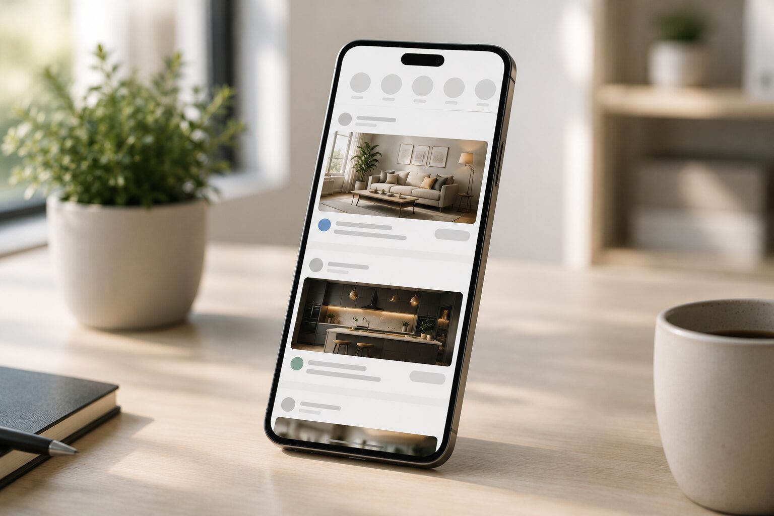 Smartphone mit Social-Media-Feed und eingebetteten Werbeanzeigen zur Darstellung von Demand Gen Kampagnen und digitalem Nachfrageaufbau