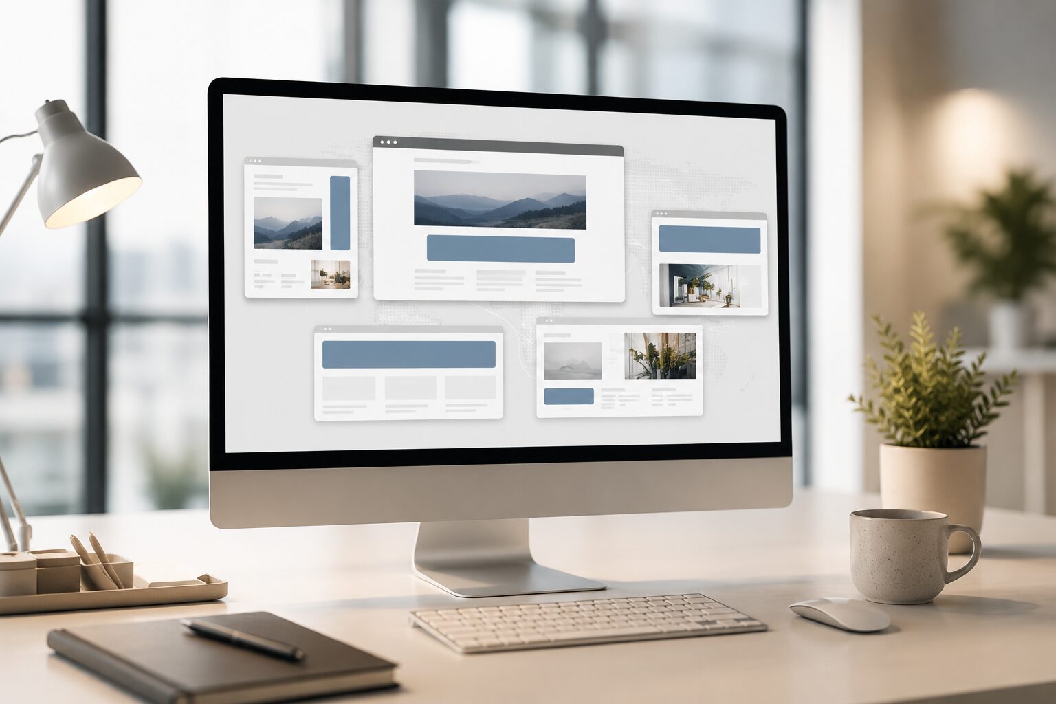 Moderner Monitor mit Webseitenlayouts und Banneranzeigen zur Darstellung von Display Werbung und digitaler Reichweite