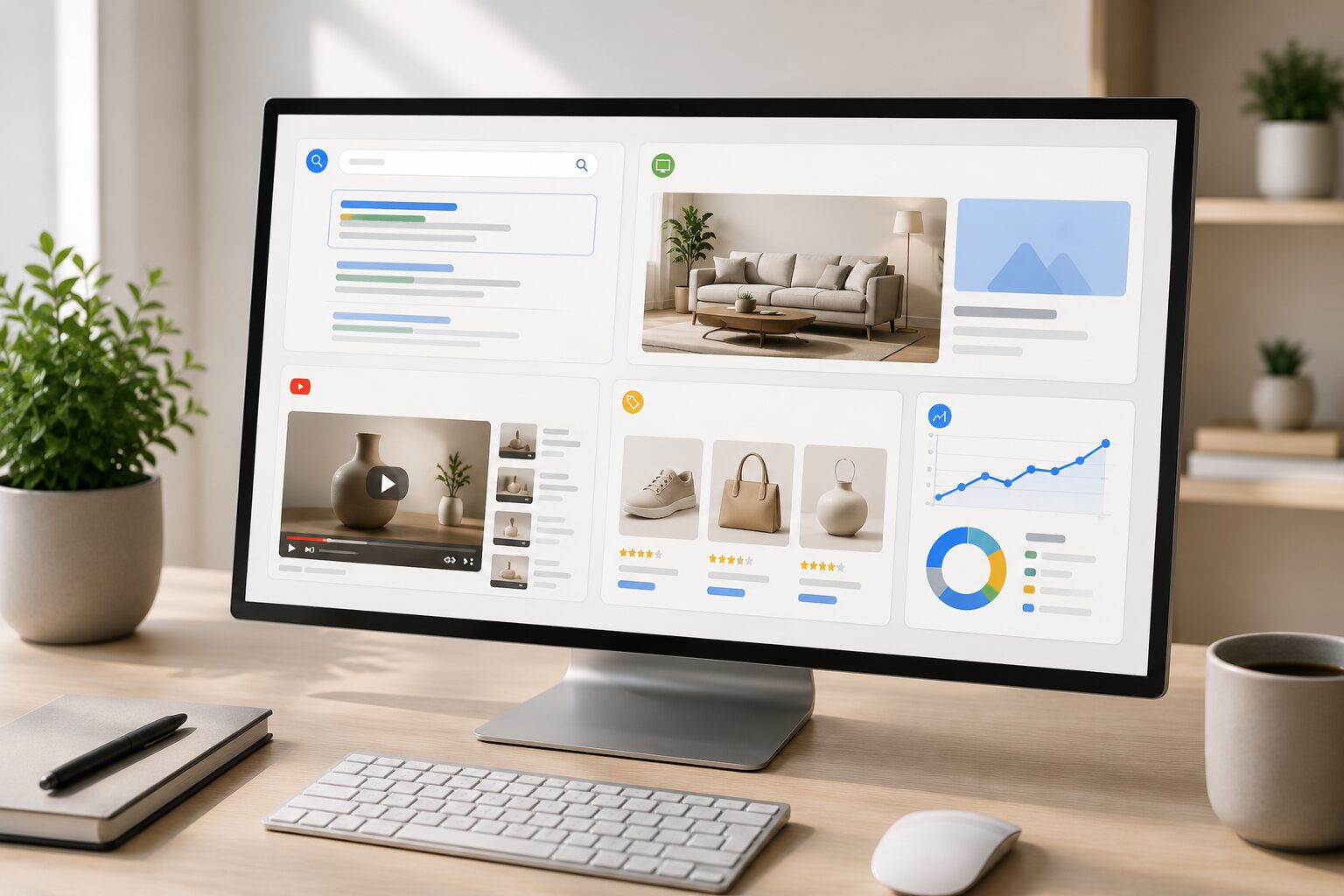 Performance Max Dashboard mit Suchanzeigen, Display Werbung, YouTube Anzeigen, Shopping Produkten und Analysedaten auf modernem Monitor