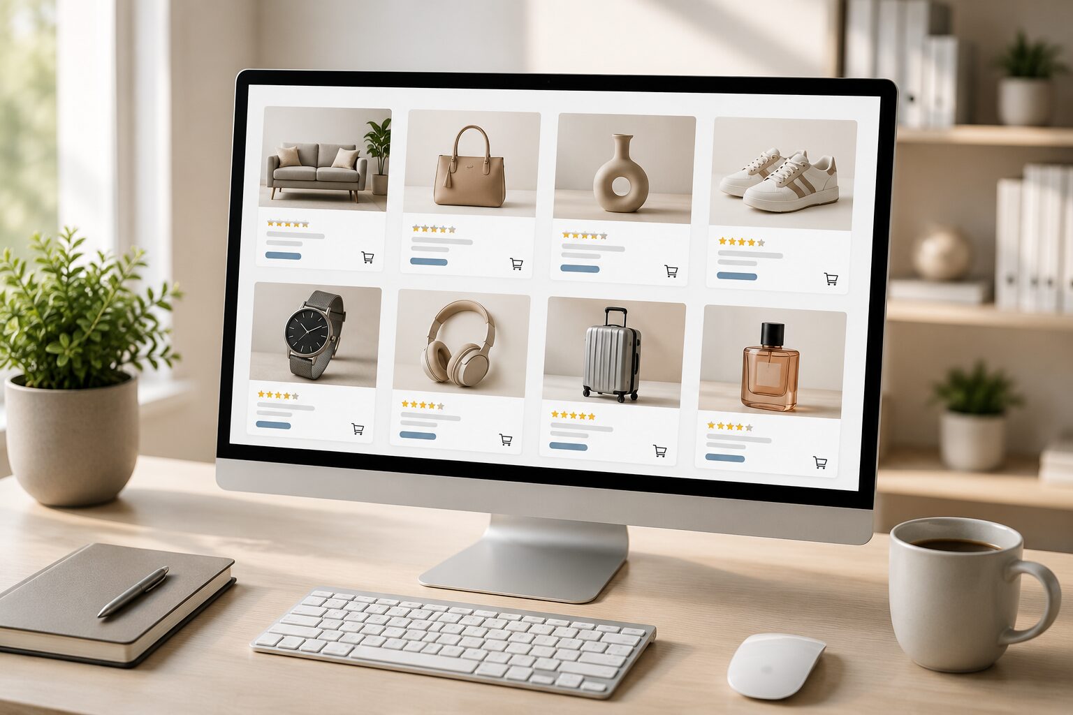 Monitor mit Produktkacheln und Online-Shop-Darstellung zur Veranschaulichung von Google Shopping Anzeigen und E-Commerce Marketing