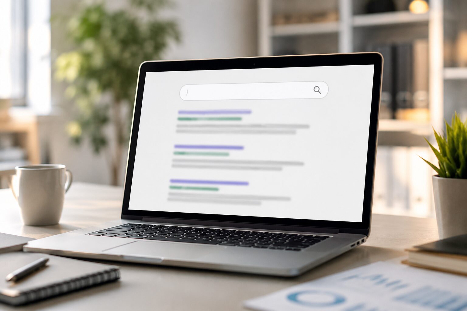 Laptop mit Suchleiste und Suchergebnissen auf modernem Arbeitsplatz zur Darstellung von Google Suchanzeigen und aktiver Kundensuche
