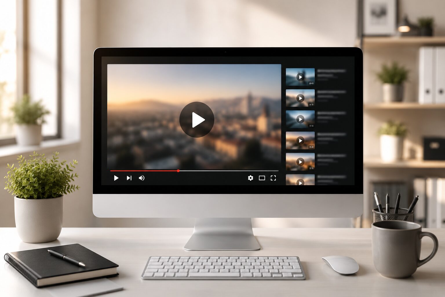 Moderner Monitor mit Videoplayer und Videovorschauen zur Darstellung von YouTube Werbung und Videomarketing
