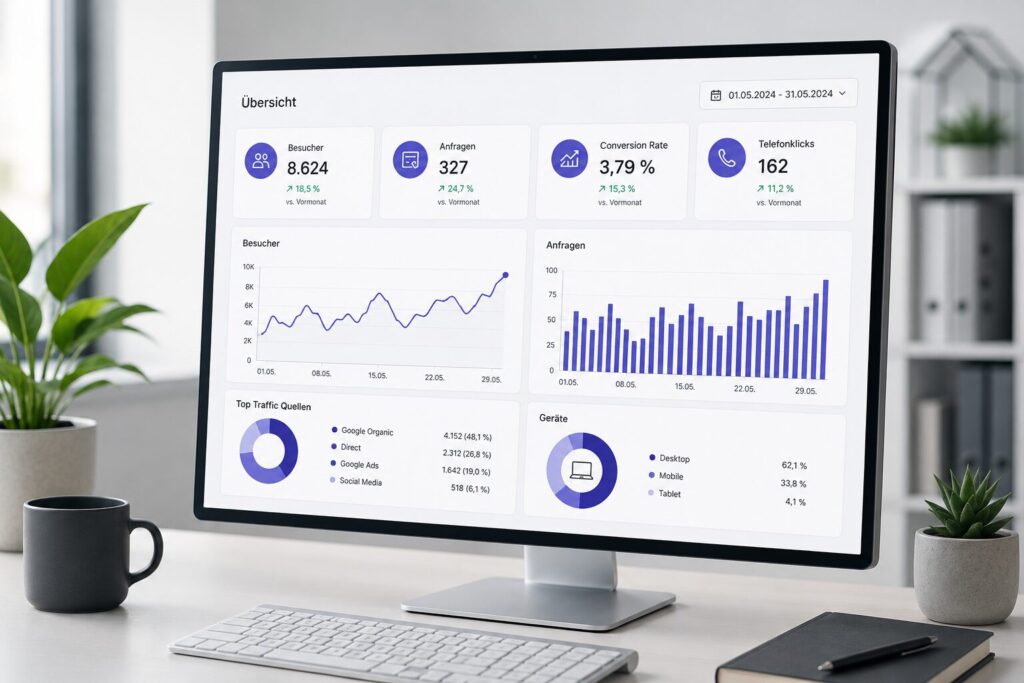 Moderner Monitor mit übersichtlichem Analytics-Dashboard zur Auswertung von Website-Besuchern, Anfragen, Conversion-Raten und Marketing-Kennzahlen.