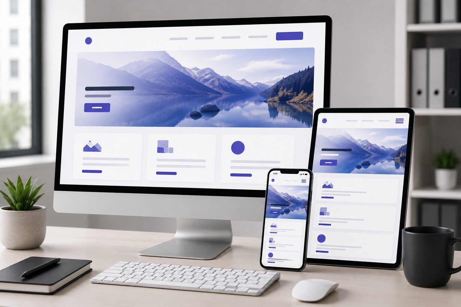 Moderner Arbeitsplatz mit Monitor, Tablet und Smartphone, die dieselbe Website in responsiven Layouts auf verschiedenen Bildschirmgrößen darstellen.