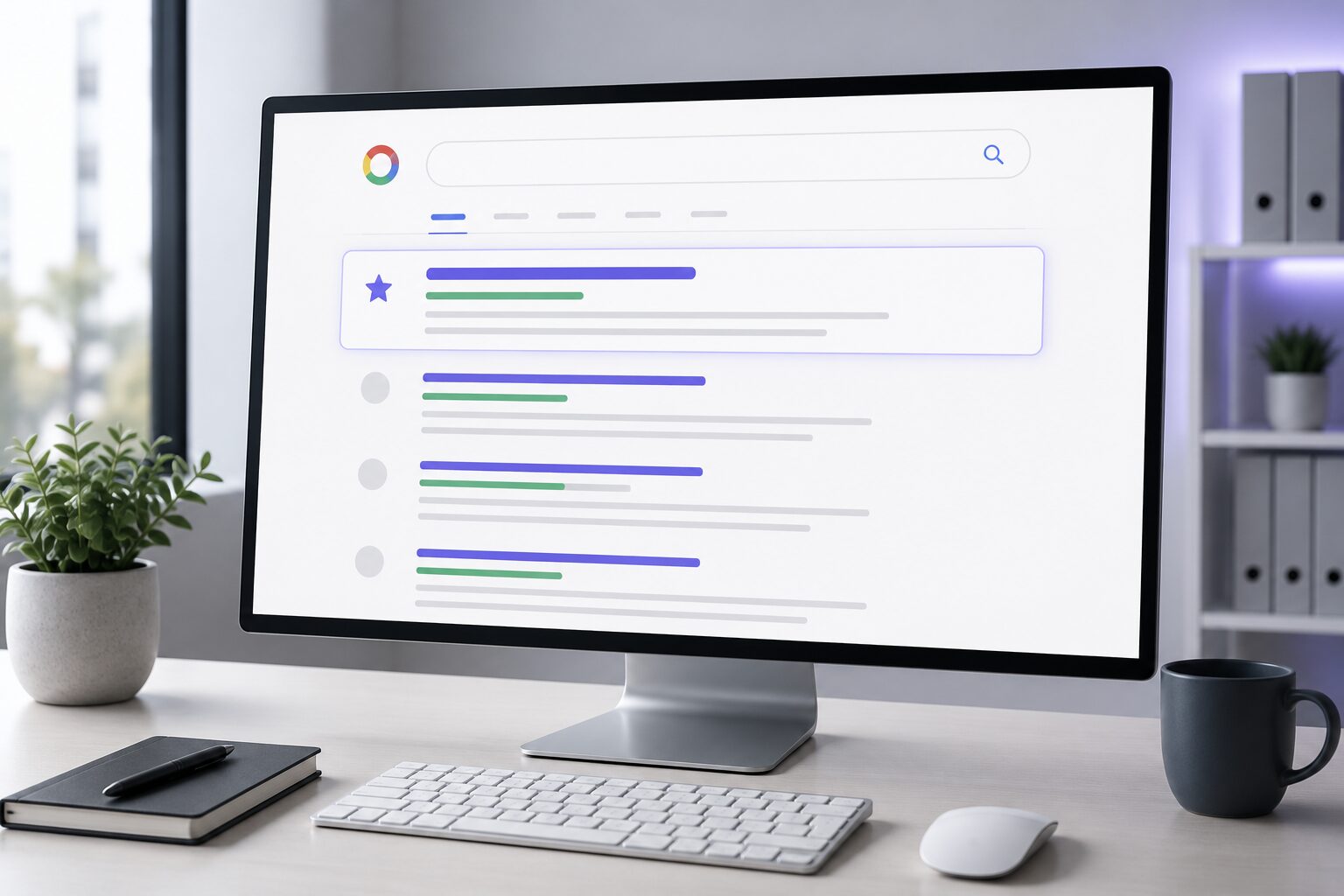 Moderner Monitor mit einer Suchmaschinen-Ergebnisseite und hervorgehobener Top-Platzierung zur Veranschaulichung von Suchmaschinenoptimierung und Online-Sichtbarkeit.