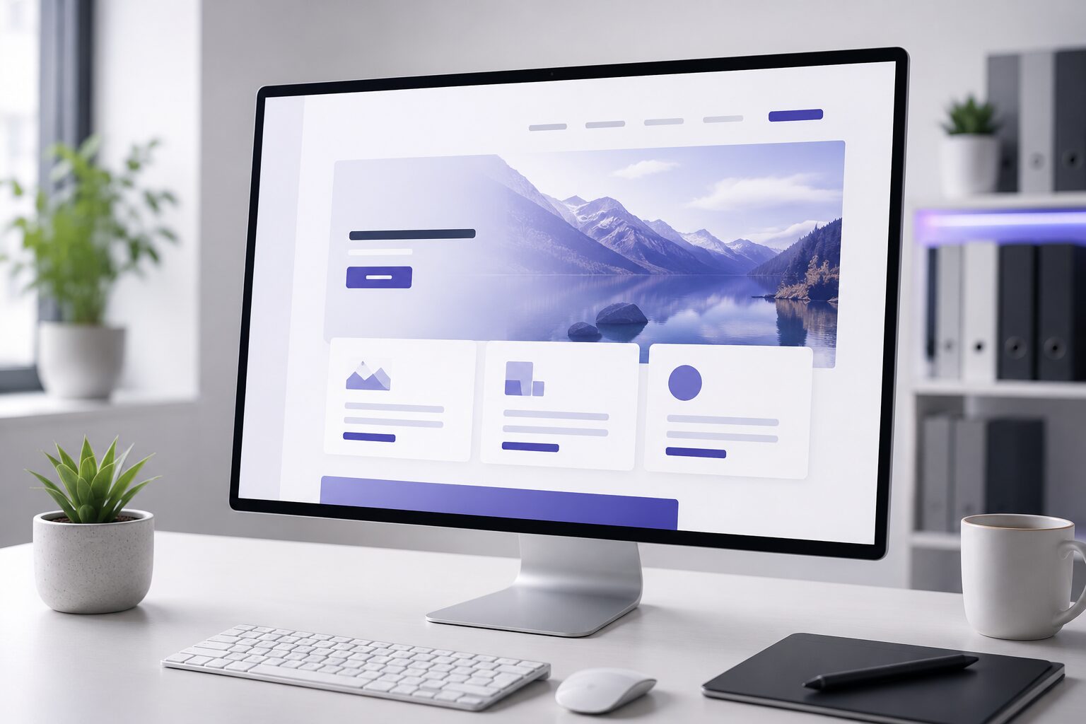Moderner Monitor mit einer minimalistischen Website-Oberfläche, klaren Layout-Elementen und responsivem Webdesign in einer hellen Arbeitsumgebung.