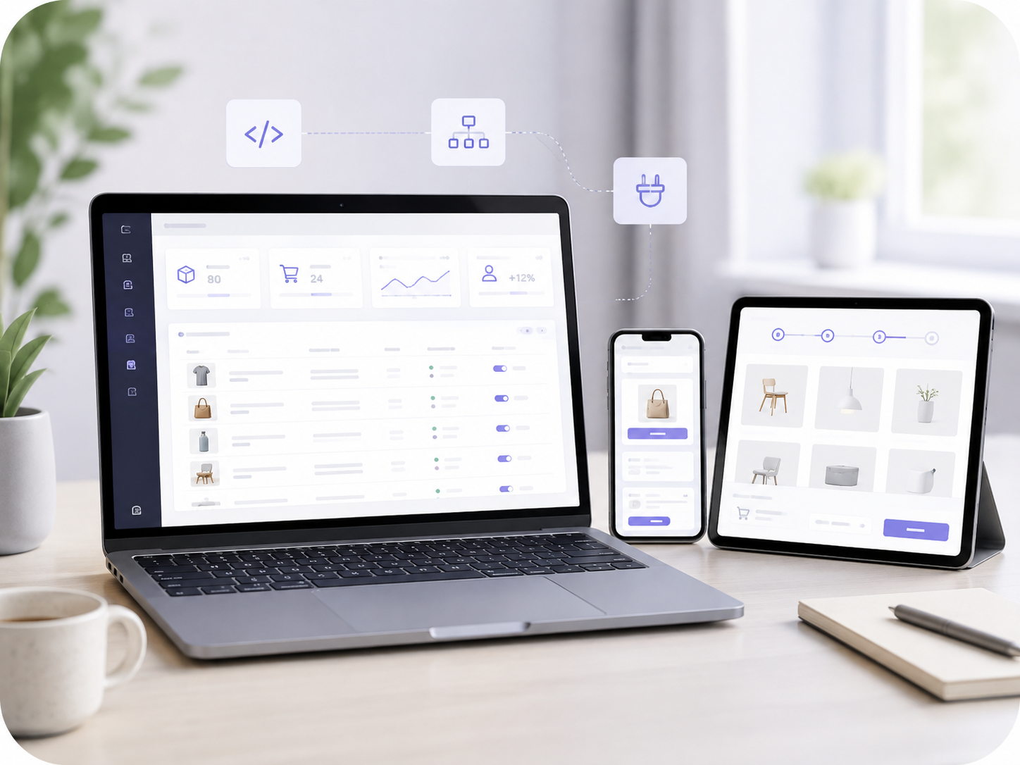 Moderner Online-Shop auf Laptop, Smartphone und Tablet mit E-Commerce-Dashboard und responsivem Shop-Design