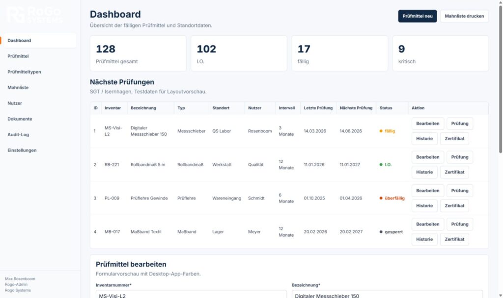 Dashboard der RoGo Prüfmittel-Überwachung